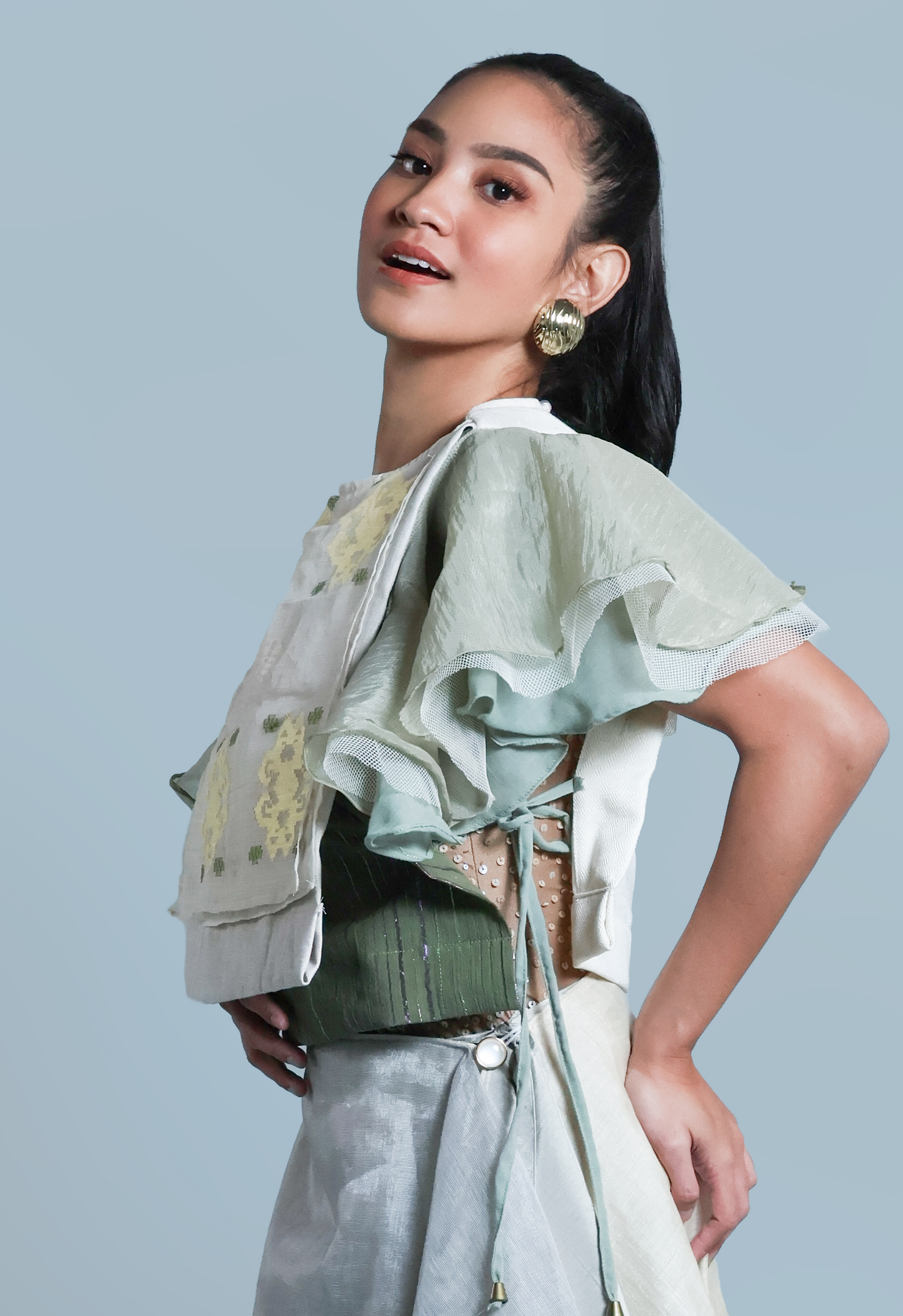 KALIKASAN BIB IN YELLOW FLORAL SUKSUK BARONG WITH MALANDI SLEEVES
