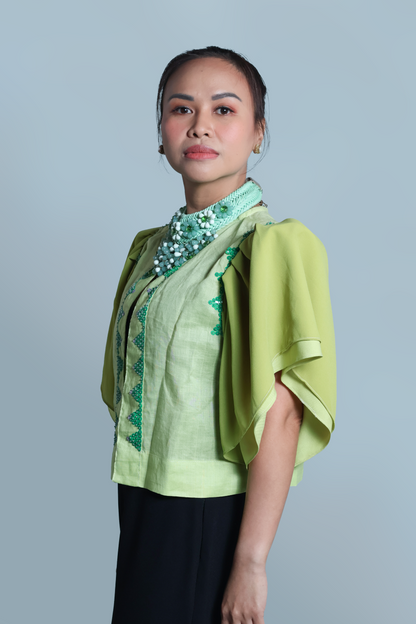 BLUSA IN LIME LINEN WITH BEADWORKS