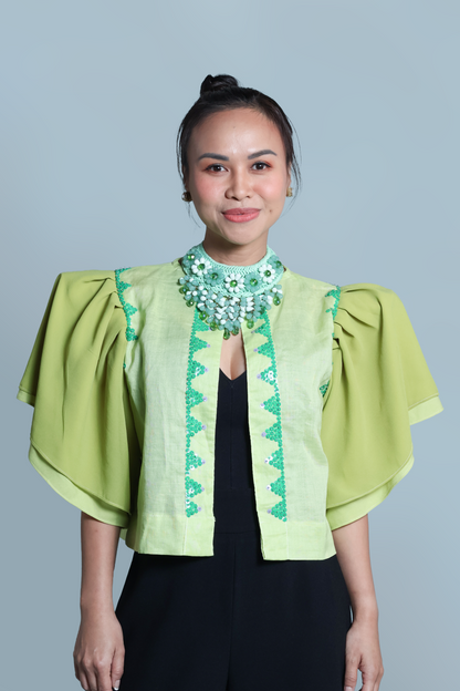 BLUSA IN LIME LINEN WITH BEADWORKS