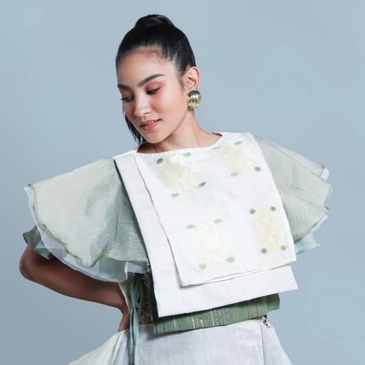 KALIKASAN BIB IN YELLOW FLORAL SUKSUK BARONG WITH MALANDI SLEEVES