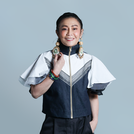 LIPAD JACKET WITH MALANDI SLEEVES IN DENIM AND SUKSUK PIÑA WEAVE