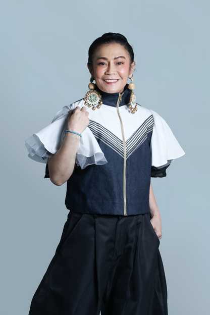 LIPAD JACKET WITH MALANDI SLEEVES IN DENIM AND SUKSUK PIÑA WEAVE