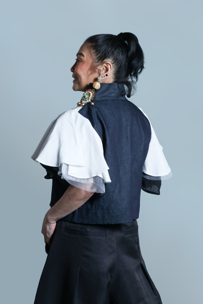 LIPAD JACKET WITH MALANDI SLEEVES IN DENIM AND SUKSUK PIÑA WEAVE