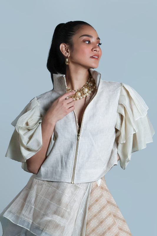 GANTIMPALA LINEN JACKET IN OATMEAL CREAM WITH PIÑA CALLADO