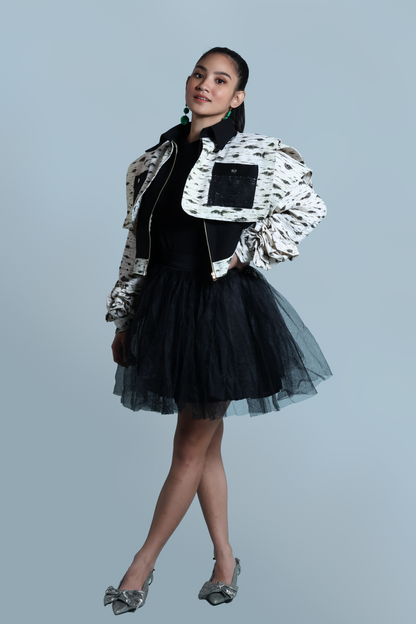 PALABAN SQUARE JACKET LONG SLEEVES RARE PRINTED DENIM JACKET WITH METALLIC HABLON