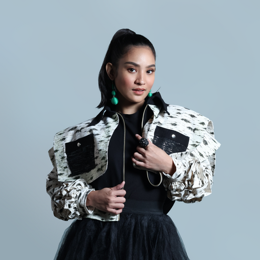 PALABAN SQUARE JACKET LONG SLEEVES RARE PRINTED DENIM JACKET WITH METALLIC HABLON