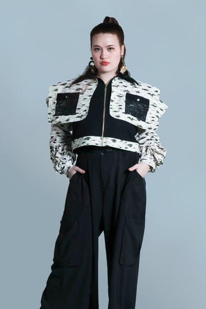 PALABAN SQUARE JACKET LONG SLEEVES RARE PRINTED DENIM JACKET WITH METALLIC HABLON