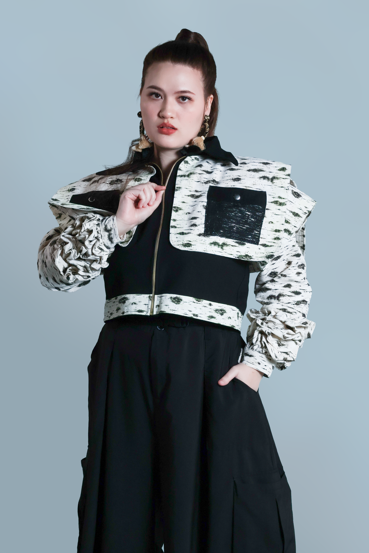 PALABAN SQUARE JACKET LONG SLEEVES RARE PRINTED DENIM JACKET WITH METALLIC HABLON