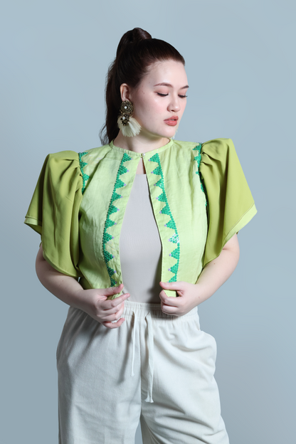 BLUSA IN LIME LINEN WITH BEADWORKS
