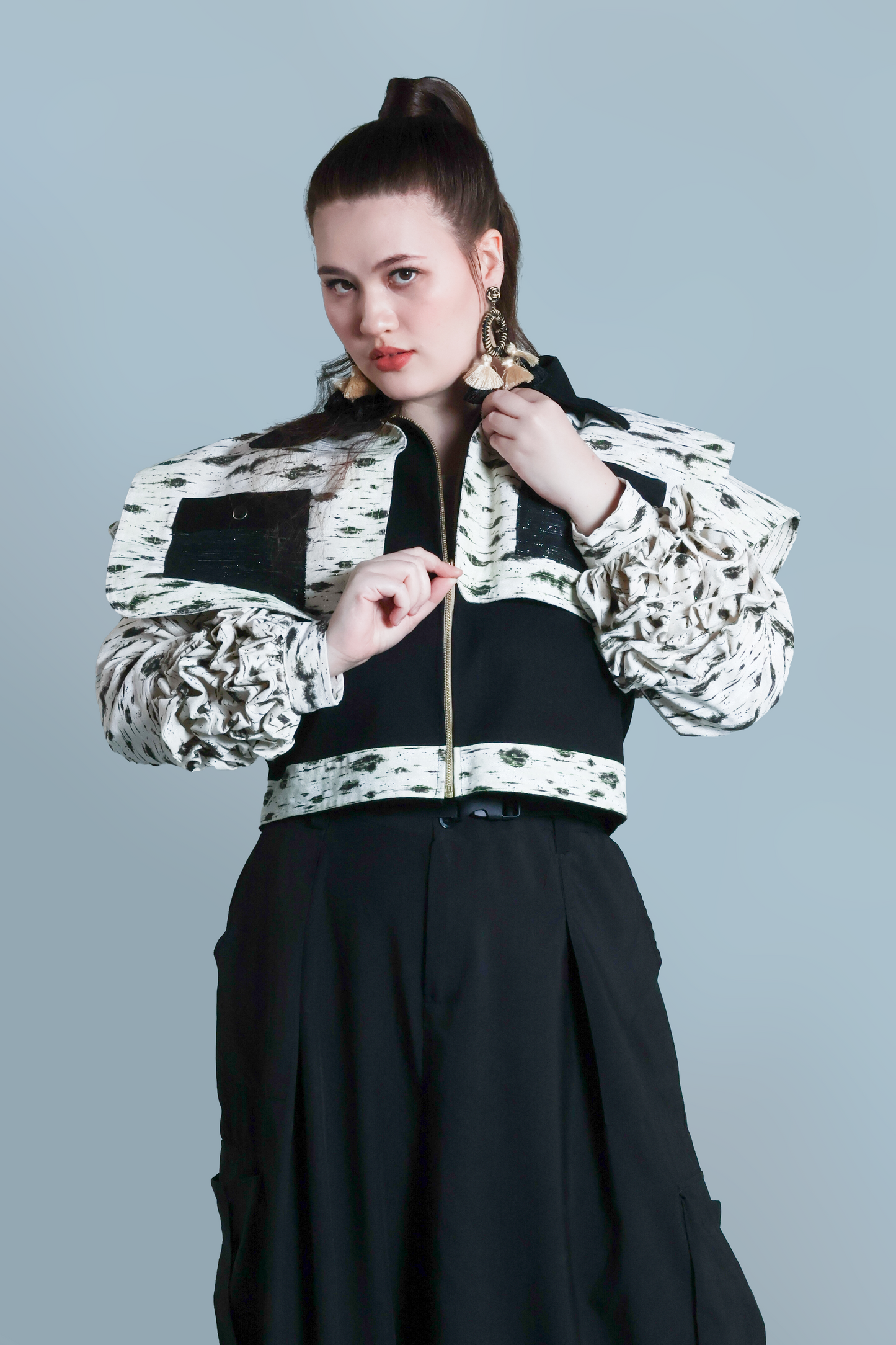 PALABAN SQUARE JACKET LONG SLEEVES RARE PRINTED DENIM JACKET WITH METALLIC HABLON