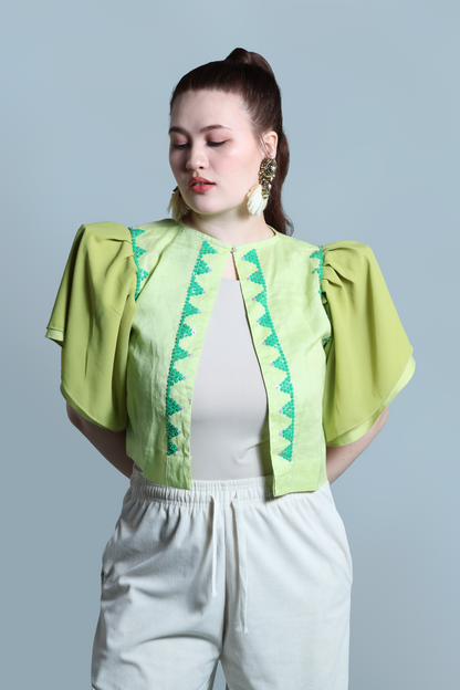 BLUSA IN LIME LINEN WITH BEADWORKS