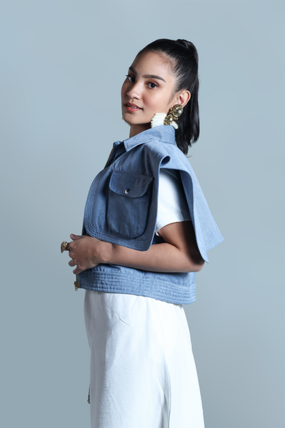 LAGING HANDA  SQUARE JACKET IN DENIM LIGHT WITH KALINGA CORDILLERA EMBROIDERY