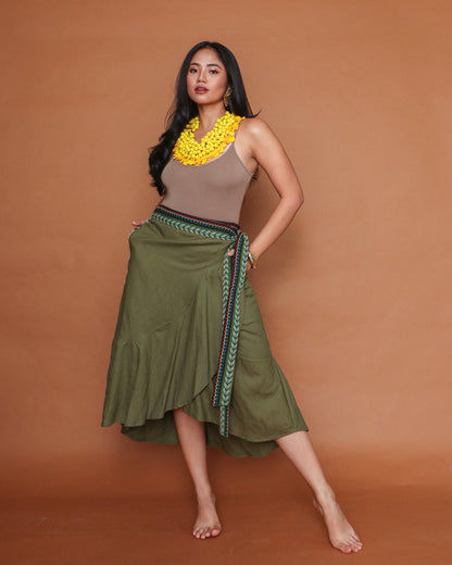 Tanghali Linen Wrap Skirt with Green Ifugao in  Olive Green Linen