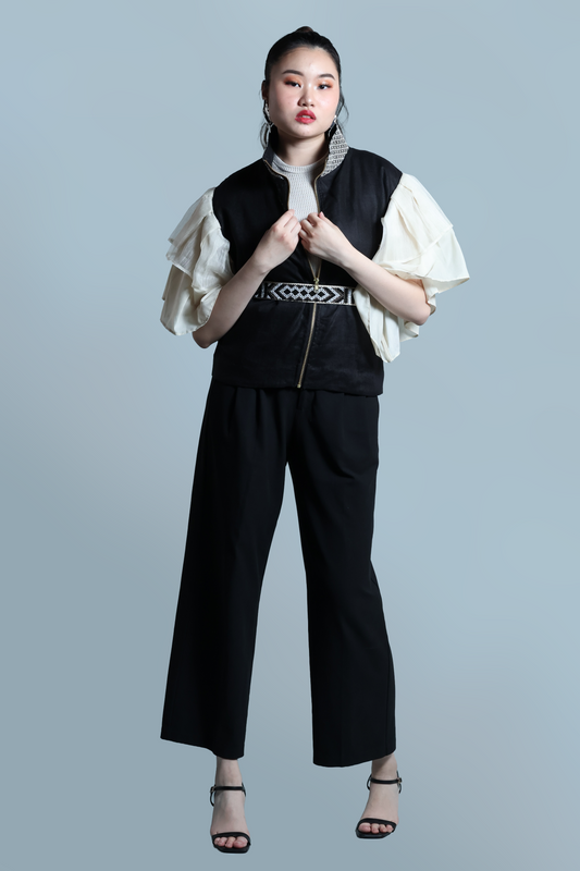 GANTIMPALA LINEN JACKET IN PURE BLACK LINEN WITH PIÑA CALLADO