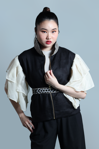 GANTIMPALA LINEN JACKET IN PURE BLACK LINEN WITH PIÑA CALLADO
