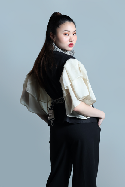 GANTIMPALA LINEN JACKET IN PURE BLACK LINEN WITH PIÑA CALLADO