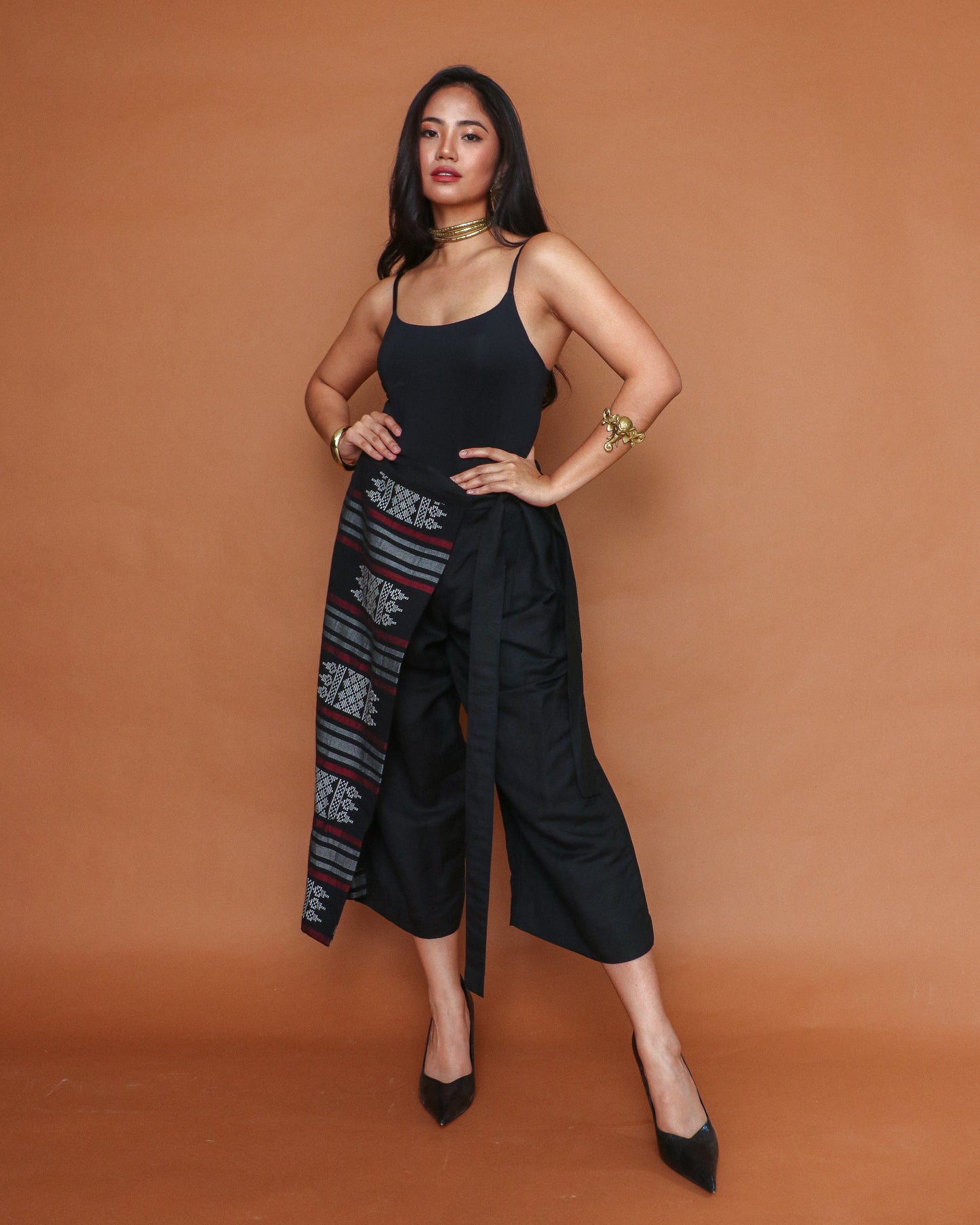 Magiliw Black Wrap Linen Pants with Cotton Inaul Weave of Maguindanao