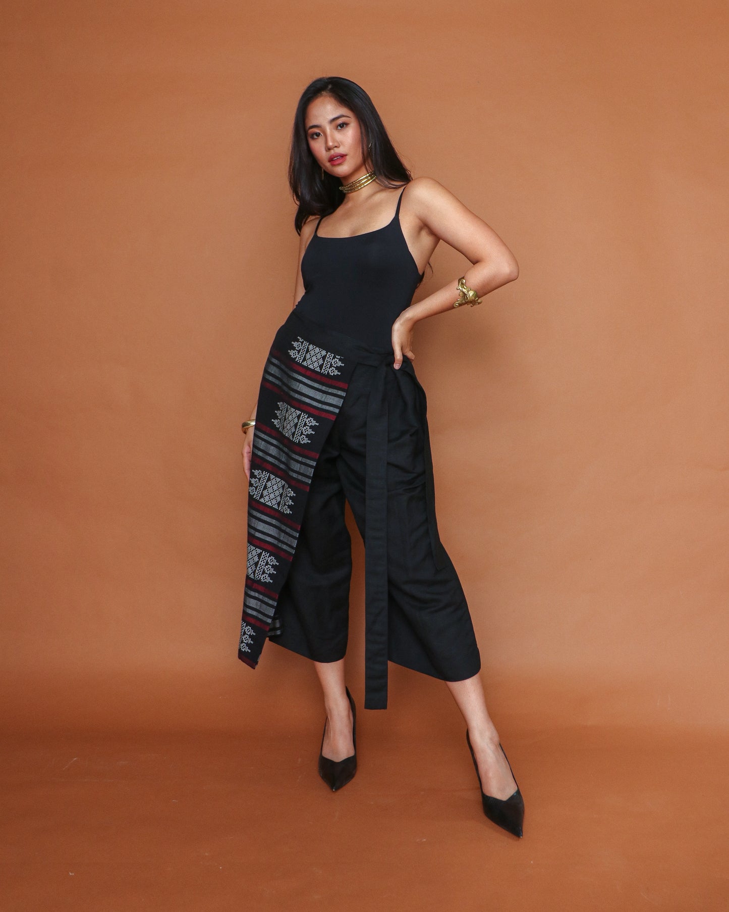 Magiliw Black Wrap Linen Pants with Cotton Inaul Weave of Maguindanao