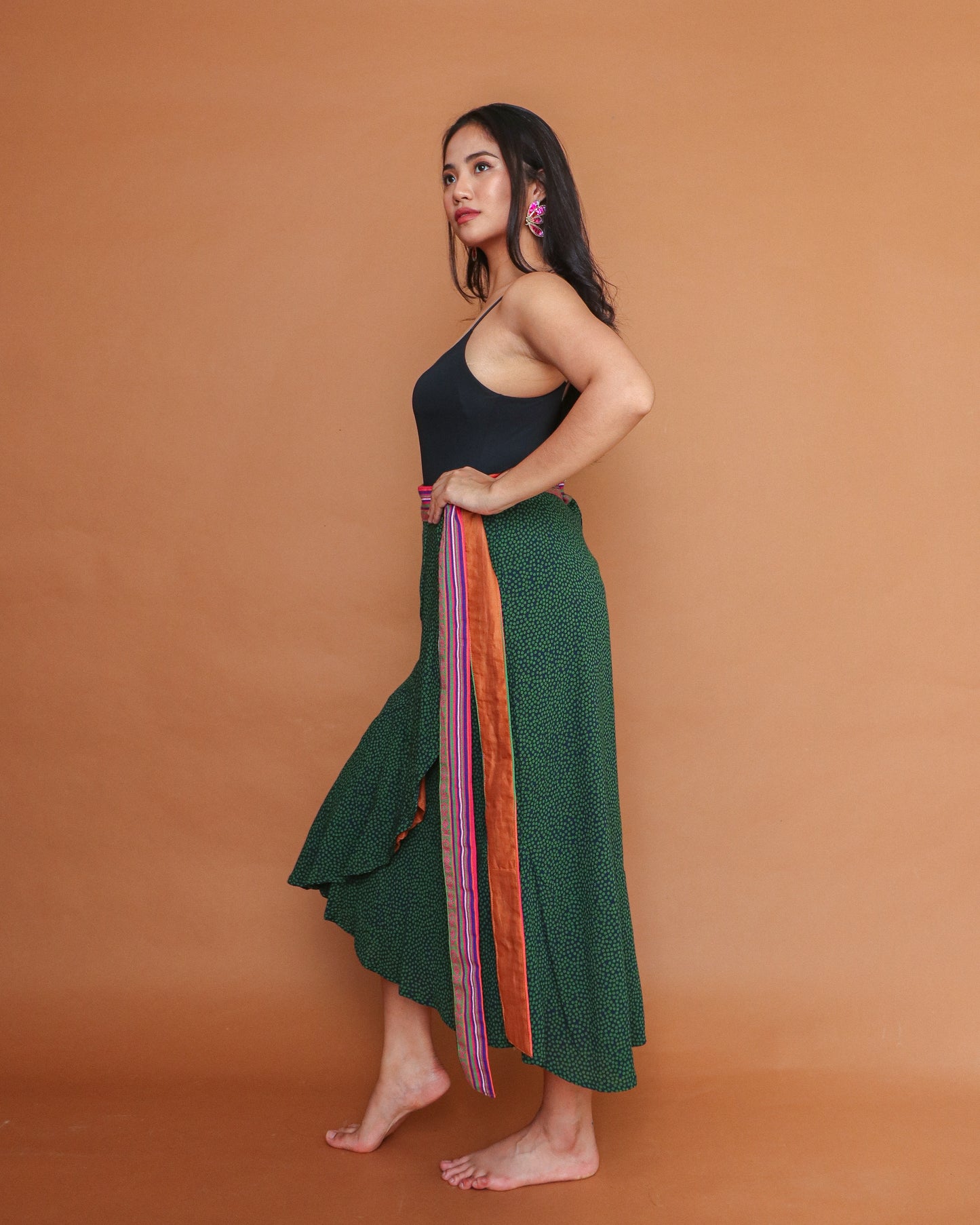 Bretman Wrap Skirt in Green Orange with Hand Embroidery