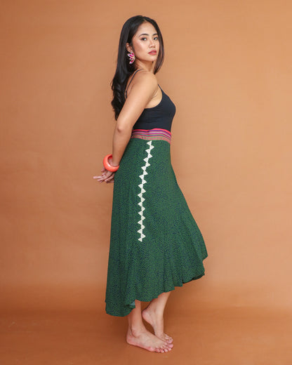 Bretman Wrap Skirt in Green Orange with Hand Embroidery