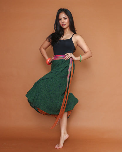Bretman Wrap Skirt in Green Orange with Hand Embroidery