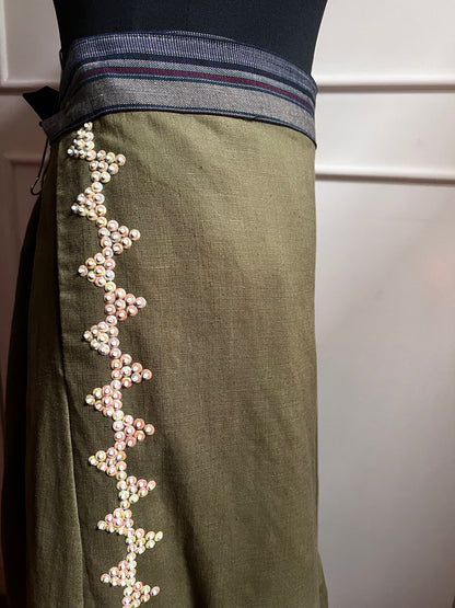 Tanghali Linen Wrap Skirt with Kantarines Brown in Olive Green Linen