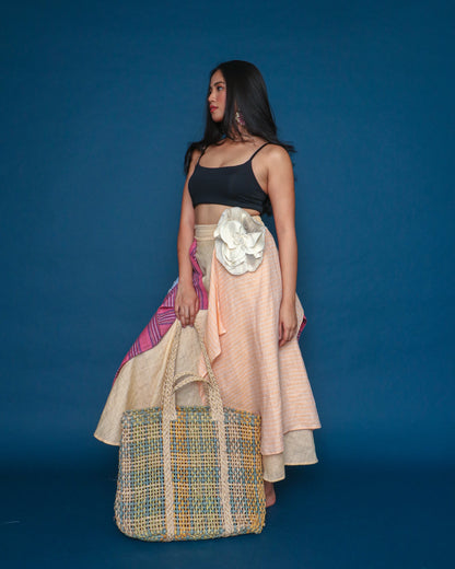 Boracay Skirt in Peach Linen and Pink Kantarines Weave