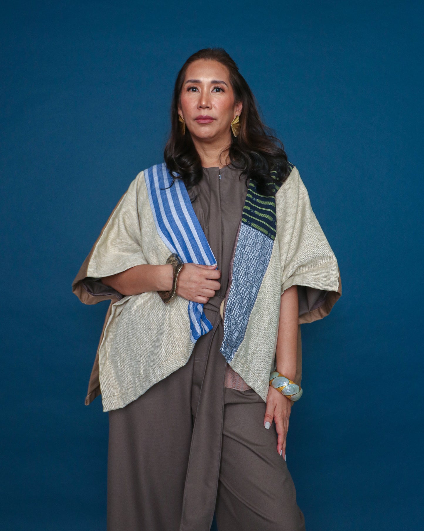 Heritage Poncho in Earth and Blue Tones with Lining