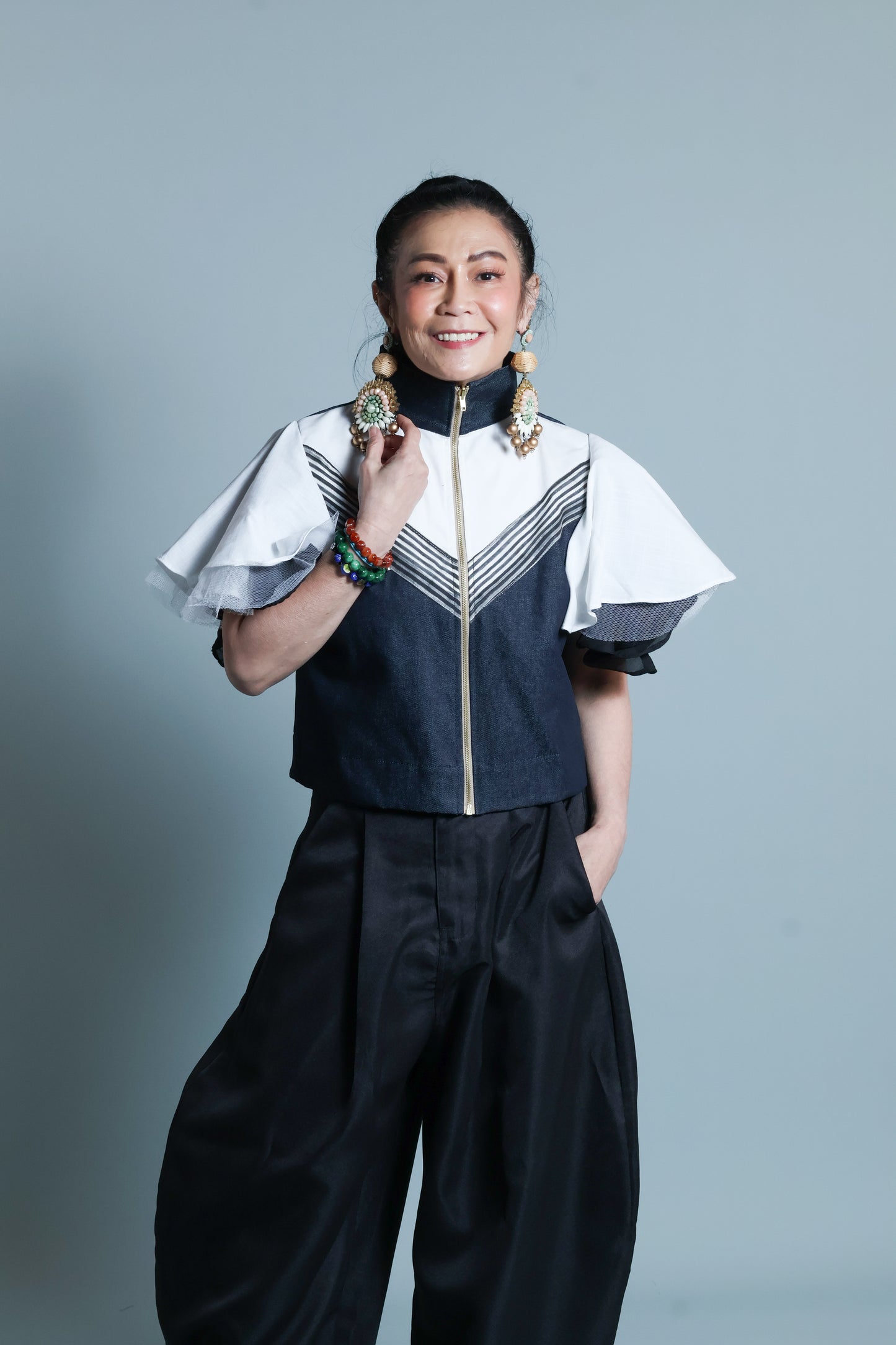 LIPAD JACKET WITH MALANDI SLEEVES IN DENIM AND SUKSUK PIÑA WEAVE