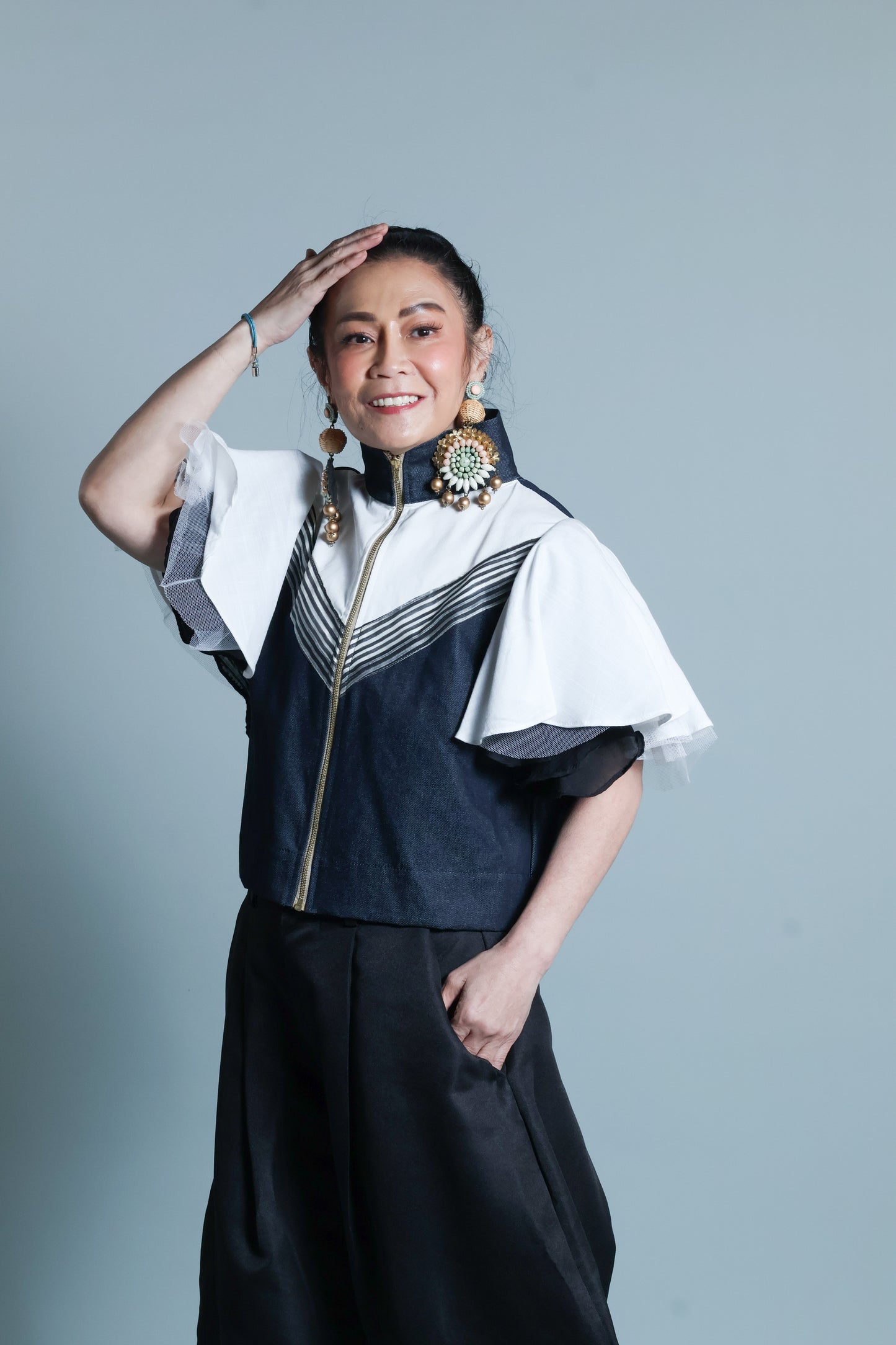 LIPAD JACKET WITH MALANDI SLEEVES IN DENIM AND SUKSUK PIÑA WEAVE