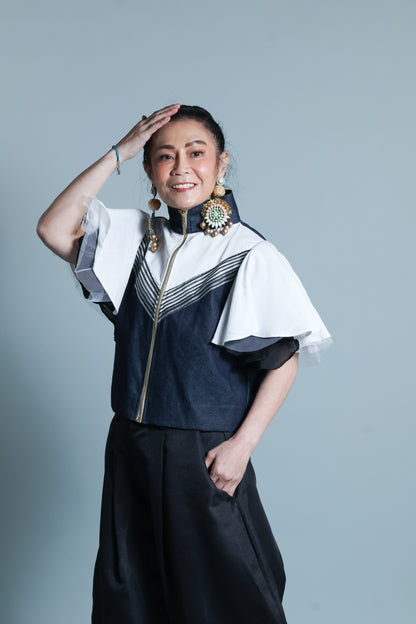 LIPAD JACKET WITH MALANDI SLEEVES IN DENIM AND SUKSUK PIÑA WEAVE