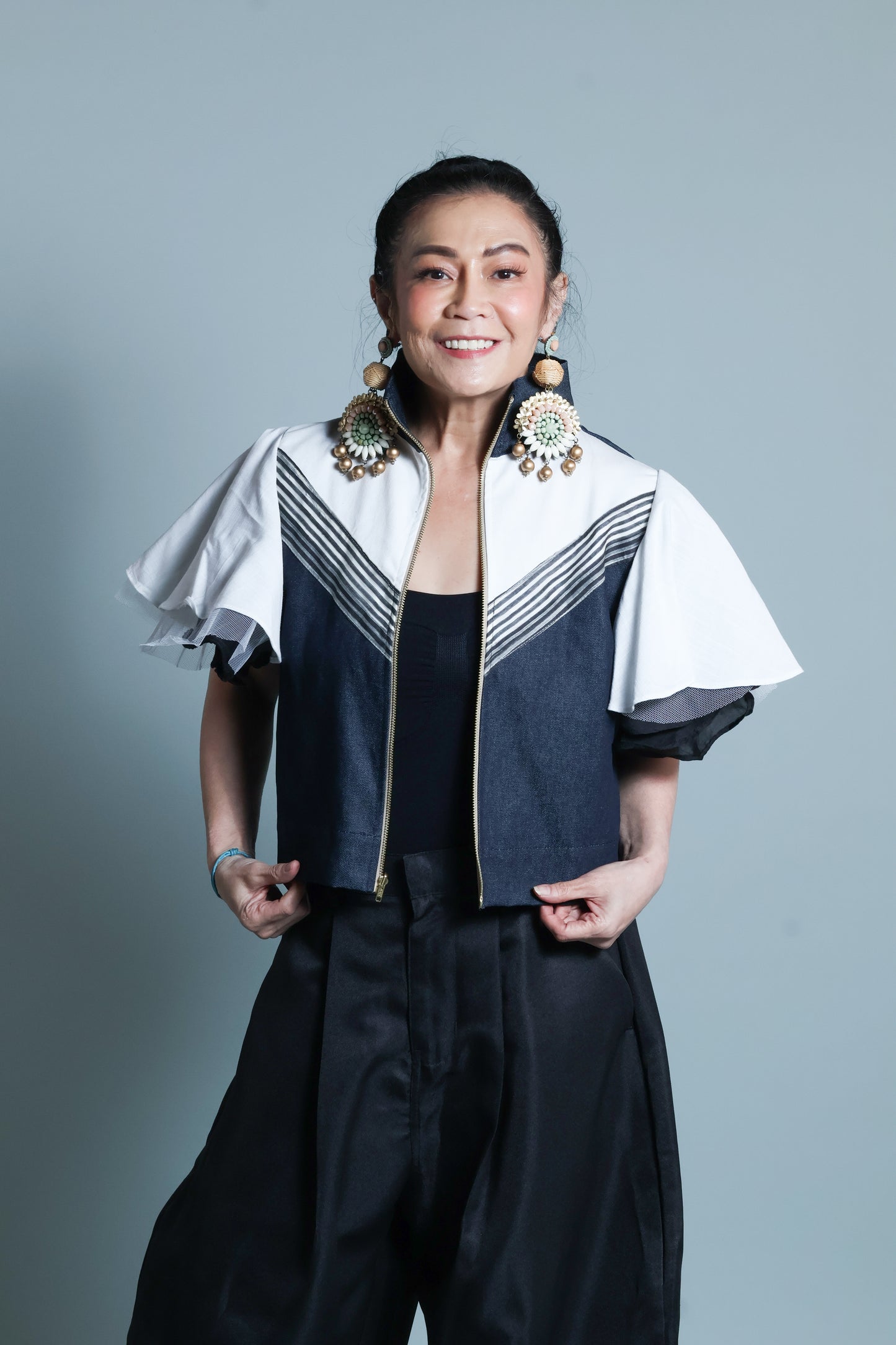 LIPAD JACKET WITH MALANDI SLEEVES IN DENIM AND SUKSUK PIÑA WEAVE