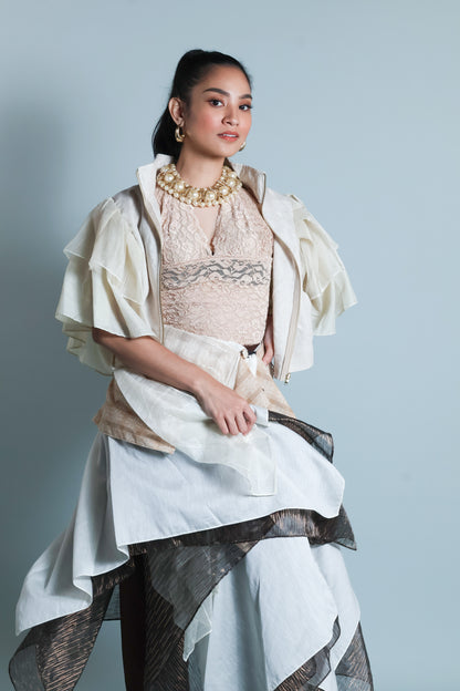 KABOGERA WRAP SKIRT IN CREAM WITH SUKSUK PIÑA BARONG AND  BINAKOL WEAVE
