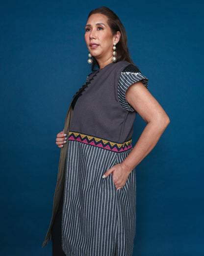 Magandang Dilag Black Stripes Trench Kimono with Hand Embroidery and Langkit of Marawi