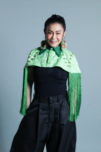 ULAN INIT STATEMENT FRINGE TOP WITH GREEN KUNDIMAN WEAVE OF ABRA