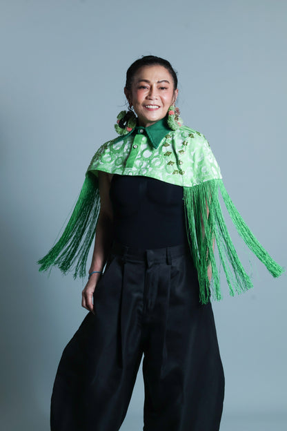 ULAN INIT STATEMENT FRINGE TOP WITH GREEN KUNDIMAN WEAVE OF ABRA