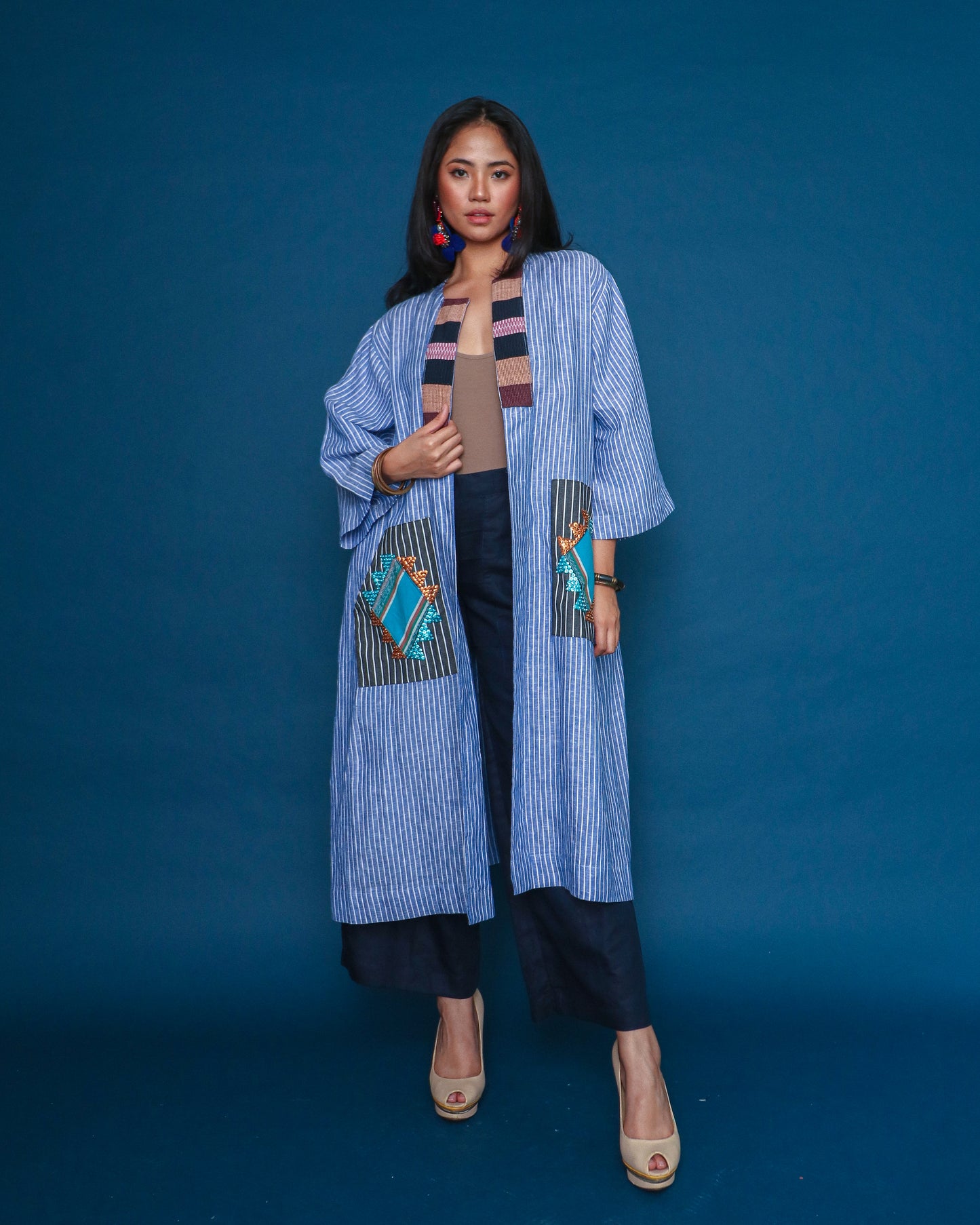 Magaan Kasama Long Stripes Linen Cover Up in Blue