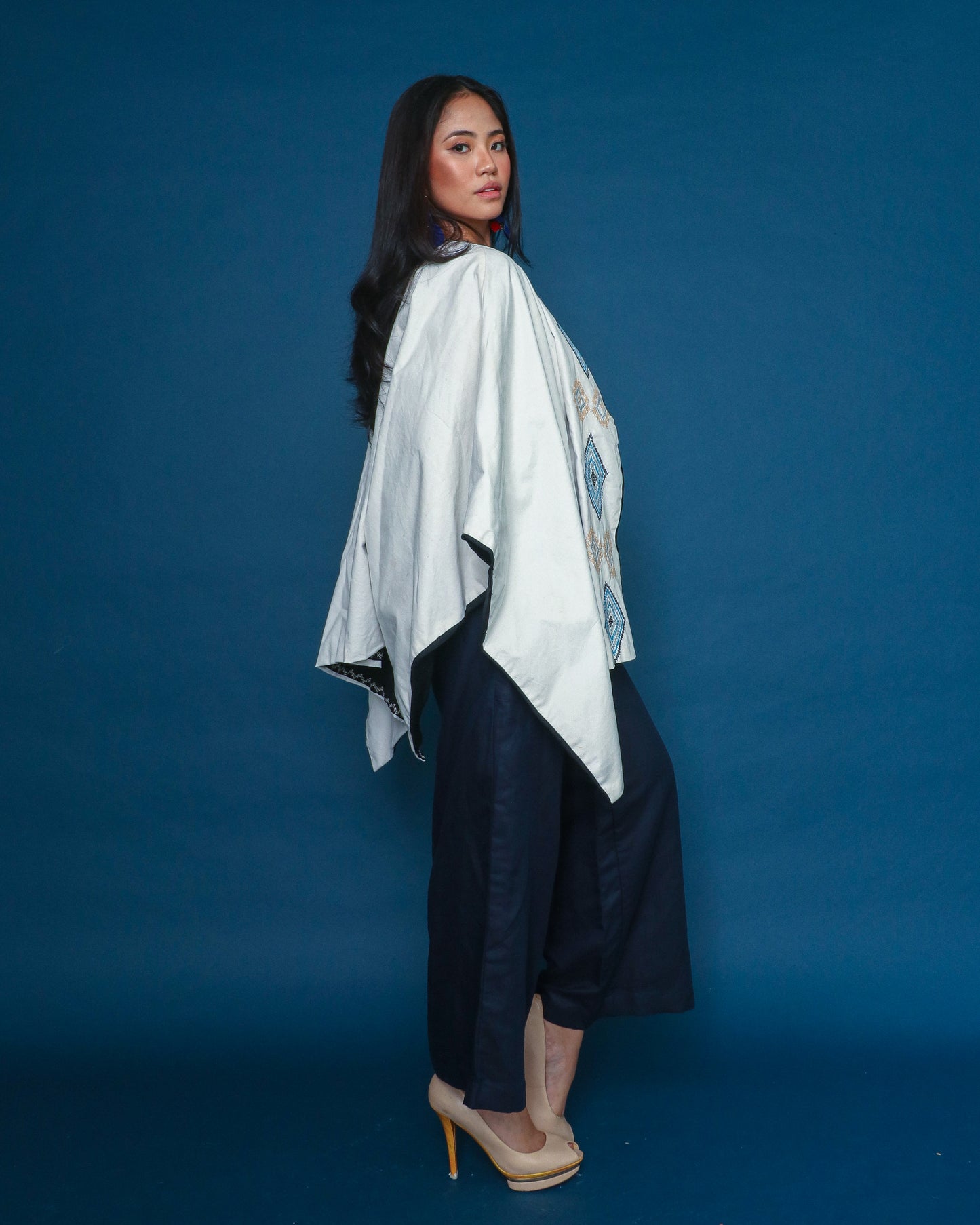 Kaharian Black Green White Cover Up Cape Poncho with Tboli Nesif Hand Embroidery