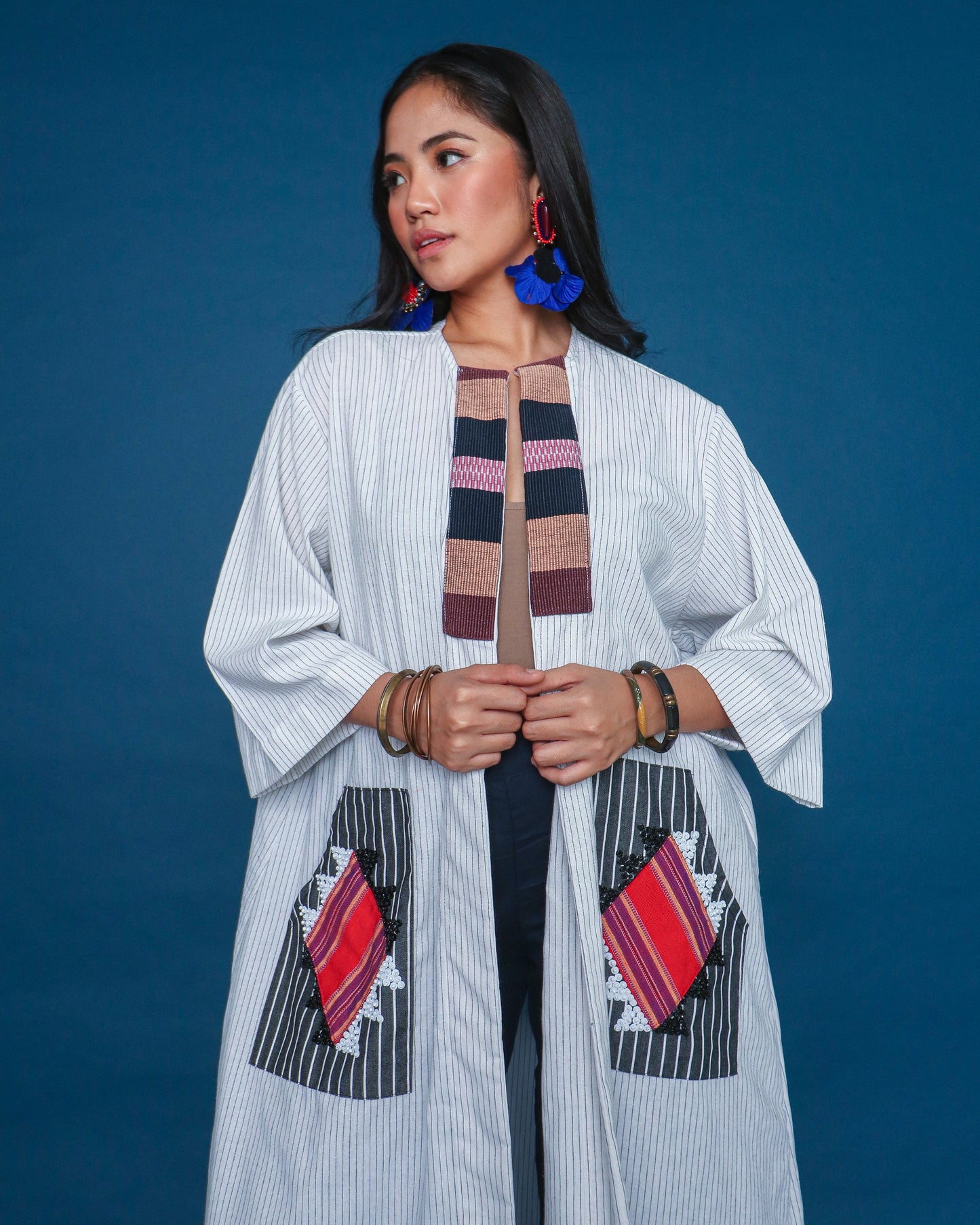 Magaan Kasama Long Stripes Linen Cover Up in White