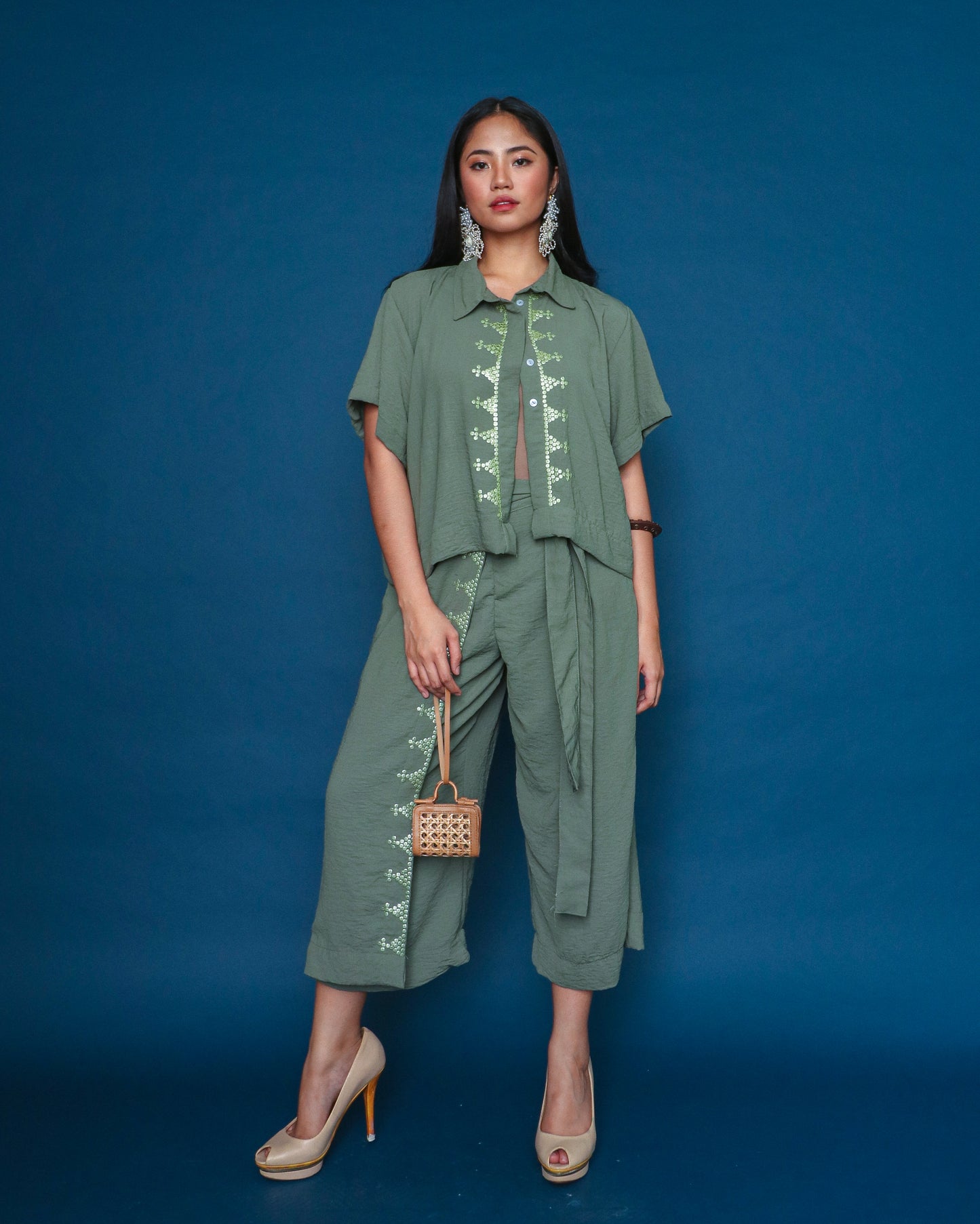 Lakwatsa Coords Top and Pants with Hand Embroidery in Olive Charmeuse