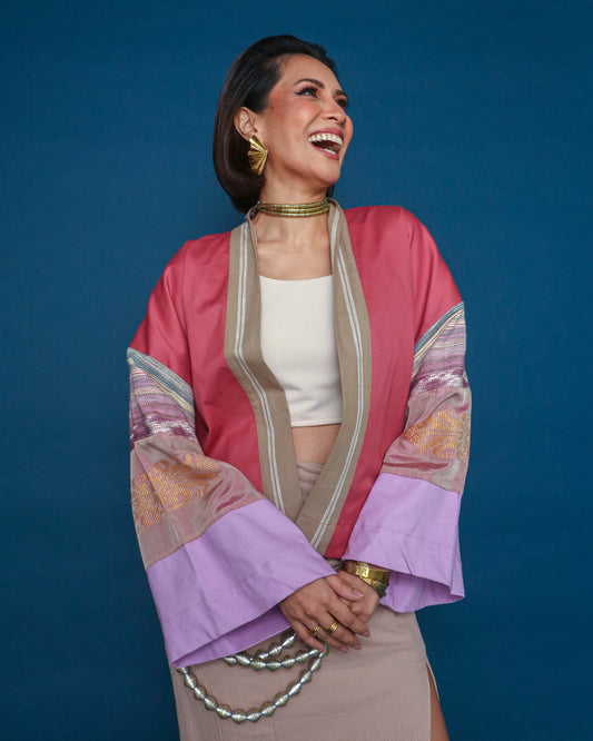 Pink Gabing Mapayapa Kimono Poncho in Rare Silk Inaul Weave