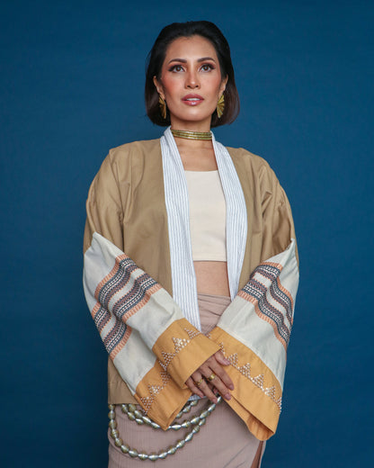 Gabing Mapayapa Kimono Poncho in Mustard Cream with Rare Negros Weave