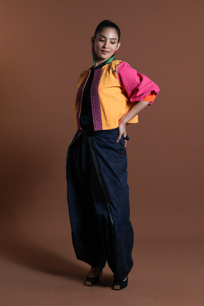 ADJUSTABLE  WIDE BLUE FATIGUE MILITARY PANTS WITH SILVER METALLIC HABLON