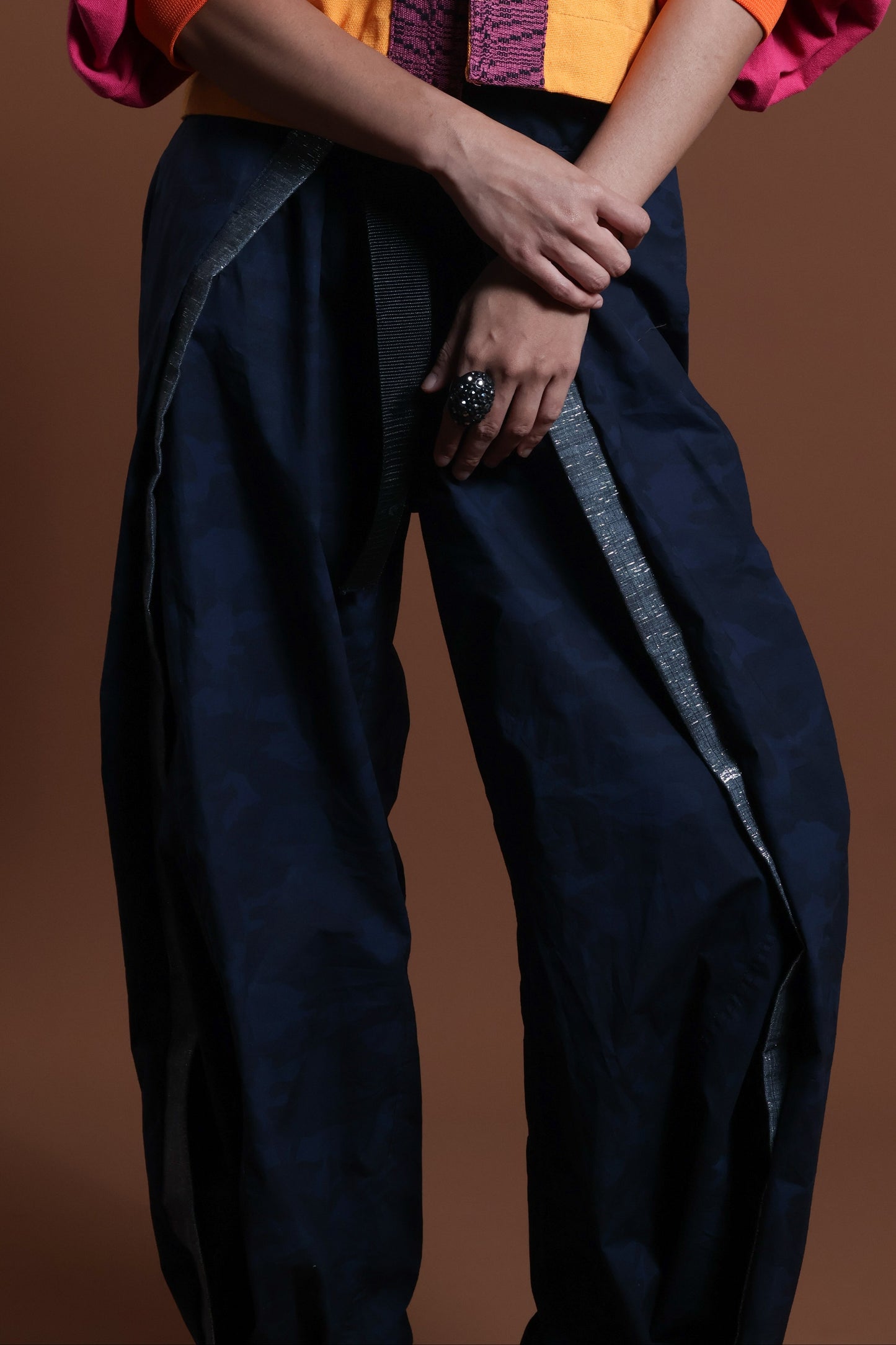 ADJUSTABLE  WIDE BLUE FATIGUE MILITARY PANTS WITH SILVER METALLIC HABLON