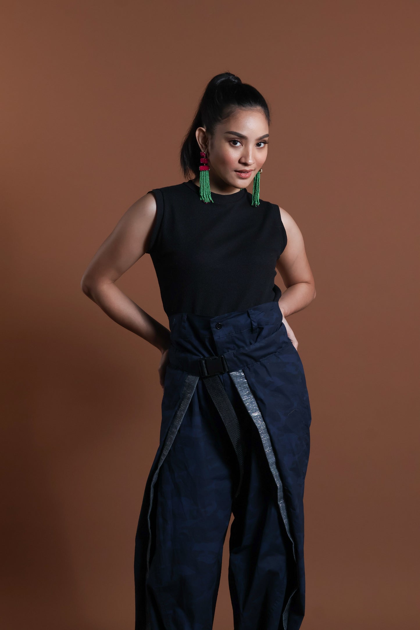 ADJUSTABLE  WIDE BLUE FATIGUE MILITARY PANTS WITH SILVER METALLIC HABLON