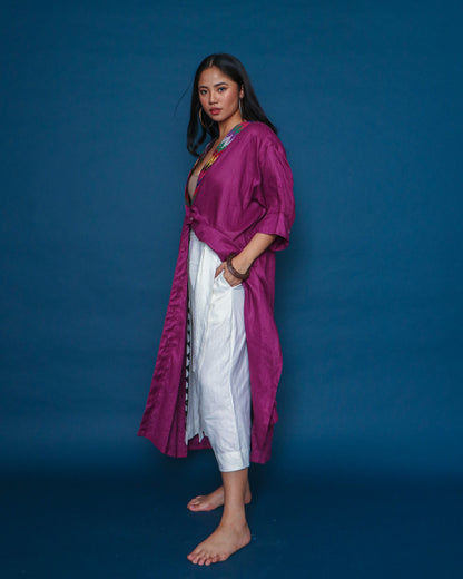 Hayahay Magenta Linen Button Down Cover-Up with Tboli Embroidery and Deep Pockets