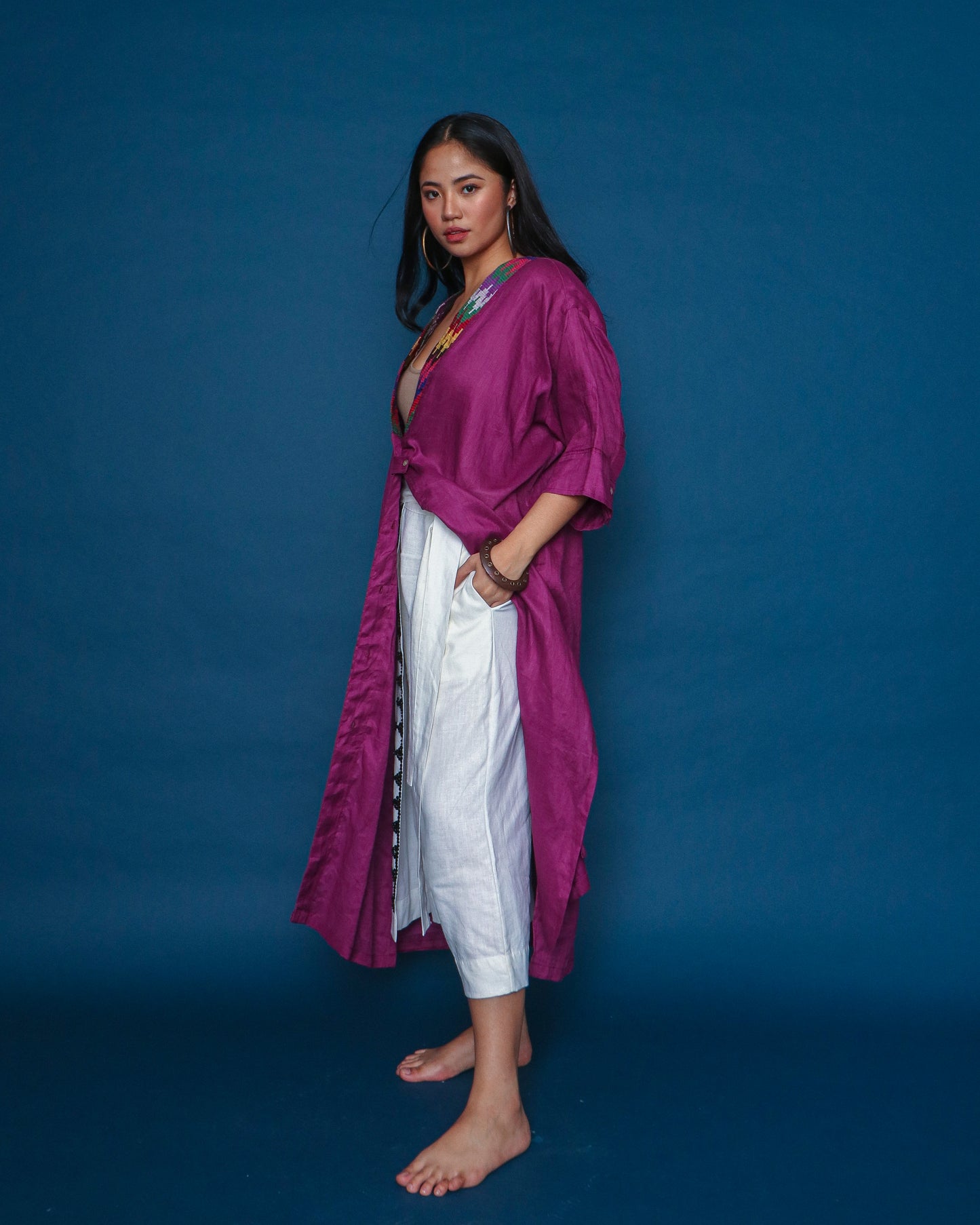 Hayahay Linen Button Down Cover-Up with Deep Pockets in Magenta