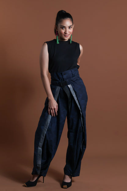 ADJUSTABLE  WIDE BLUE FATIGUE MILITARY PANTS WITH SILVER METALLIC HABLON