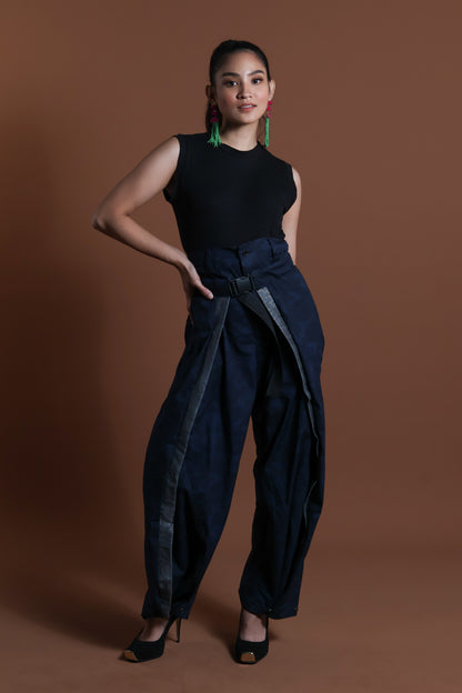 ADJUSTABLE  WIDE BLUE FATIGUE MILITARY PANTS WITH SILVER METALLIC HABLON