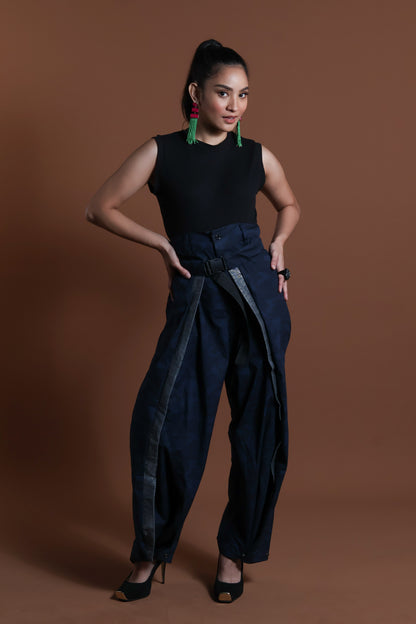 ADJUSTABLE  WIDE BLUE FATIGUE MILITARY PANTS WITH SILVER METALLIC HABLON